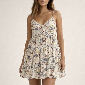 Illa Illa Floral Strappy Tiered Mini Dress Cream Sundress Party